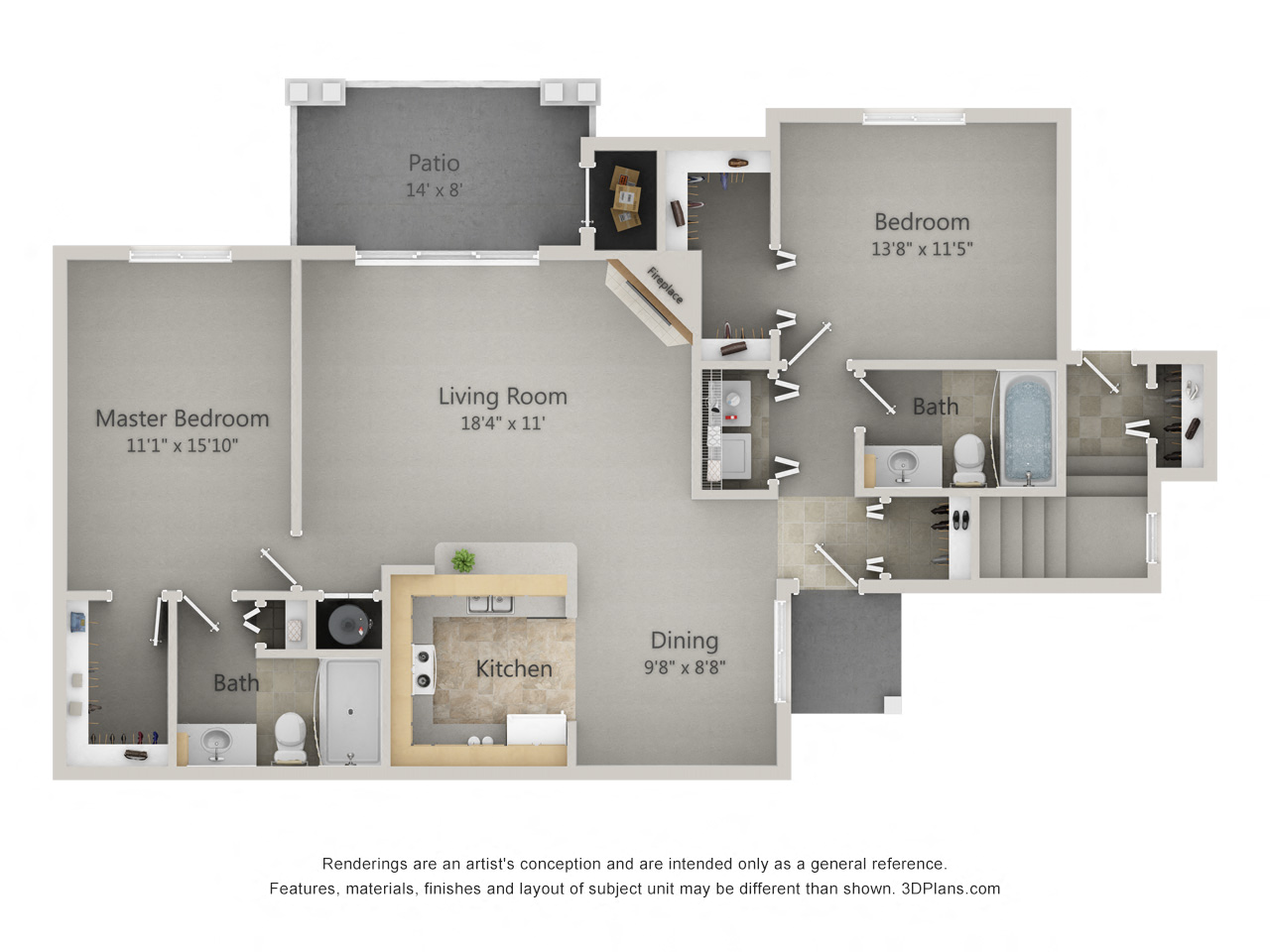 Floor plan for 2 beds, 2 baths, 1240 sqft